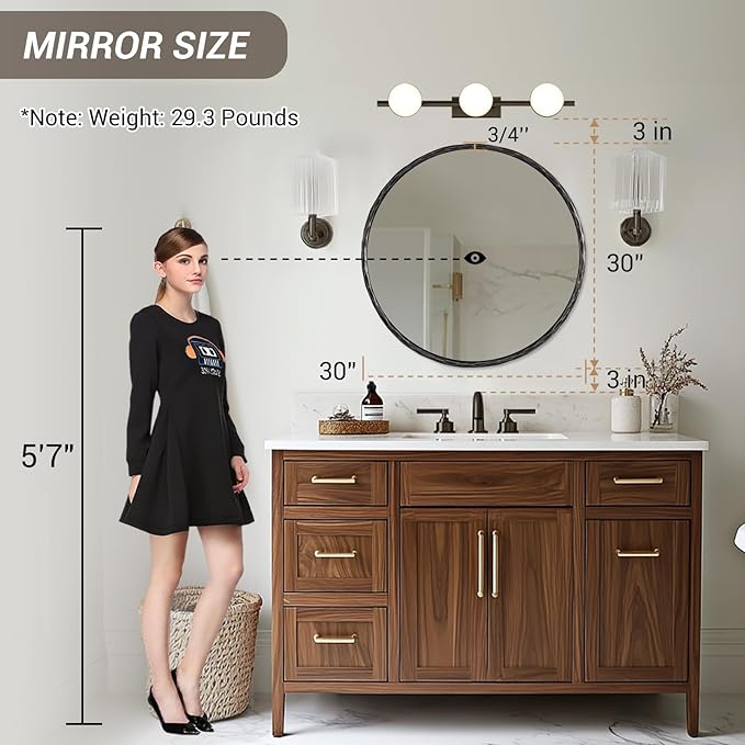 ANDY STAR Hand-Forged Black Round Mirror for Wall, 30 Inch Stainless Steel Metal Frame Circle Mirror, Antique Rounded Bathroom Mirror for Living Room, Bedroom, Entryway, Vanity