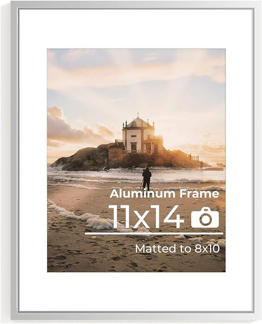 11x14 Aluminum Picture Frame Silver, 11 x 14 Metal Photo Frames with Removable Mat for 8 x 10 Photo, Metal Poster Frame Sawtooth Hanger for Easy Wall Display, Set of 1
