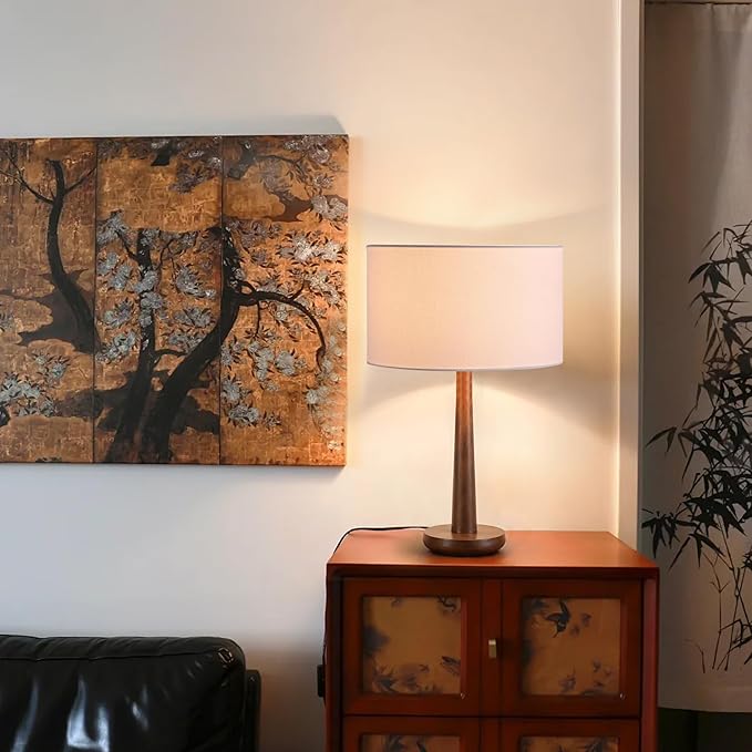 18.5" Tall Table Lamp for Living Room, Dimmable Modern Walnut Wood Desk Lamps for Bedroom, UL Listed Nightstand Lamp, End Table Lamps for Entryway, Console, Office, Dorm, White Line Shade