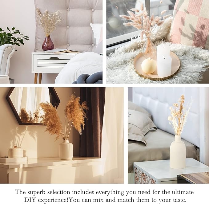 Treela 324 Pcs Dried Pampas Grass Decor 17 Inch White Pampas Reed Grass Fluffy Wedding Boho Flowers 10 Various Natural Dried Flower Bouquet Bunny Tails for Home Table Decor Rustic Farmhouse Party