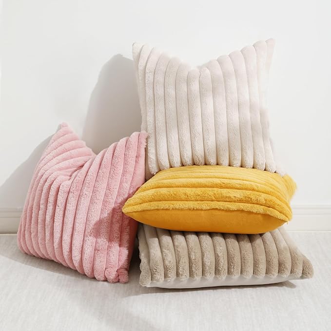 decorUhome Faux Fur Throw Pillow Covers 20x20 Set of 2, Decorative Soft Plush Striped Neutral Couch Euro Pillow Covers with Velvet Back for Sofa, Bed, Living Room Home Decor, Beige