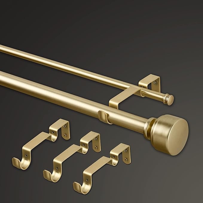 MODE Premium Collection Double Curtain Rod Set (1 1/8" Front Rod and 5/8" Back Rod) with Mod Doorknob Curtain Rod Finials, Wall Mounted Adjustable Curtain Rod, Fits 144” to 240” Windows, Brushed Gold