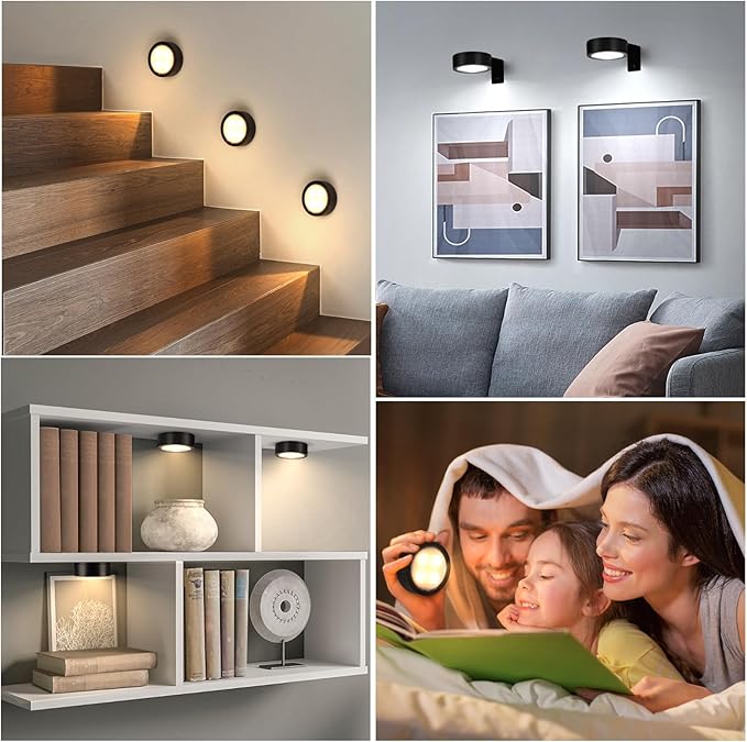 4-Pack Picture Light Battery Operated with Remote, Led Lights Dimmable and Timer Painting Light, Art Display Light for Picture Frame Artworking Portrait, Home Wall Decor Puck Lights, Black