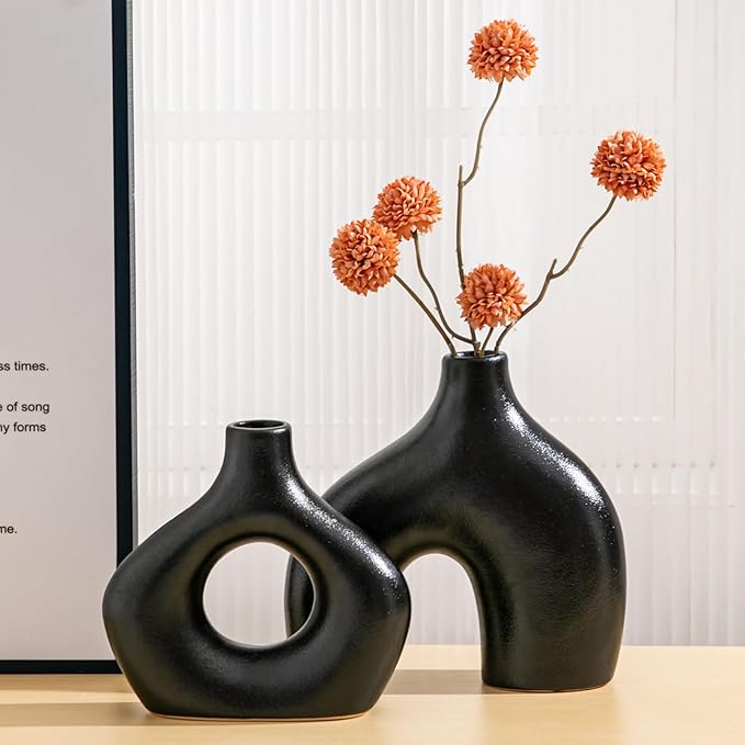 Ceramic Vase Set of 2, Black Pampas Grass Vases for Home Decor, Round Boho Vases for Flowers, Nordic Minimalism Style vase for Table Centerpiece Living Room Bedroom Shelf Decor