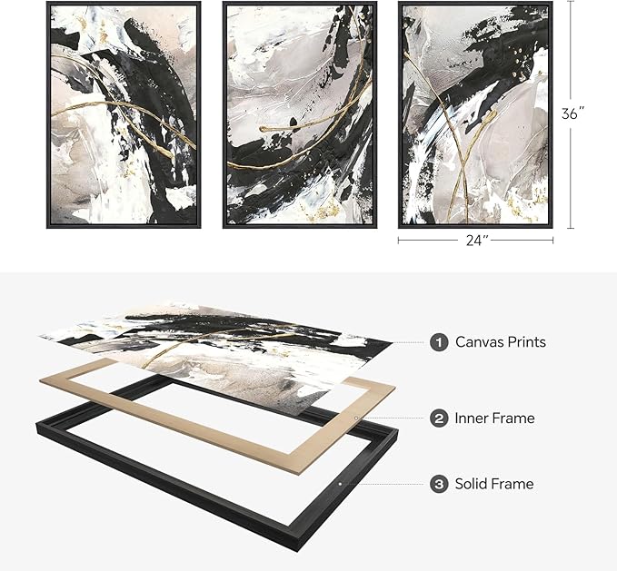 Framed Black and White Abstract Wall Art for Living Room, 3 Piece Large Modern Minimalist Gold Lines Canvas Prints Artwork for Walls, Bedroom, Kitchen, Hallway, Office Wall Decor, 24x36 Inch