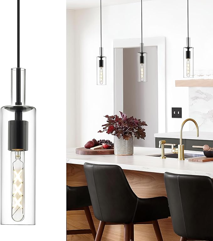 AUTELO Modern Pendant Lights, 1-Light Glass Pendant Light, Industrial Hanging Light Fixtures in Black Metal Finish with Clear Glass, Kitchen Pendant Lighting Over Island for Dining Room, H3875 BK