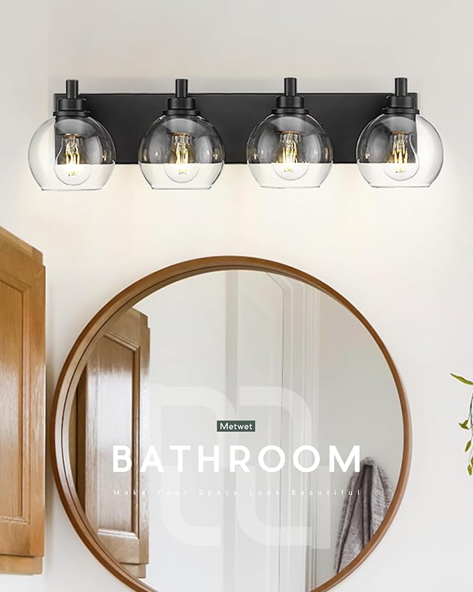 Bathroom Light Fixtures, 4 Light Matte Black Vanity Light, 26 Inch Modern Wall Sconces with Globe Clear Glass Shade, Vanity Lighting Fixtures Over Mirror, VL195-MB-CL-4