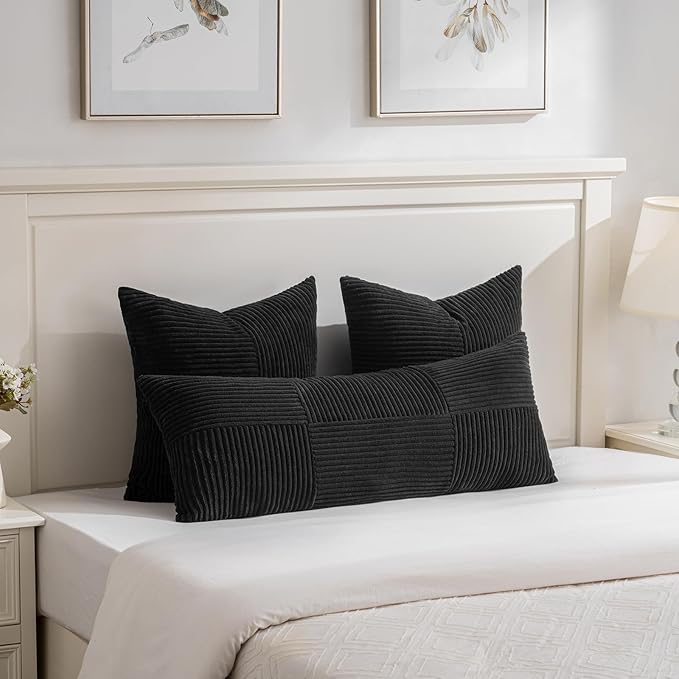 Fancy Homi Black Decorative Throw Pillow Covers 20x20 Inch for Living Room Couch Bed Sofa, Rustic Farmhouse Boho Home Decor, Soft Corss Corduroy Patchwork Accent Square Cushion Case 50x50 cm