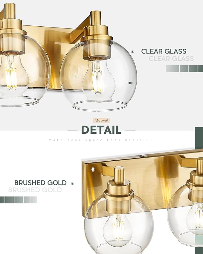 Bathroom Light Fixtures, 4 Light Brushed Gold Vanity Light, 26 Inch Modern Wall Sconces with Globe Clear Glass Shade, Vanity Lighting Fixtures Over Mirror, VL195-BG-CL-4