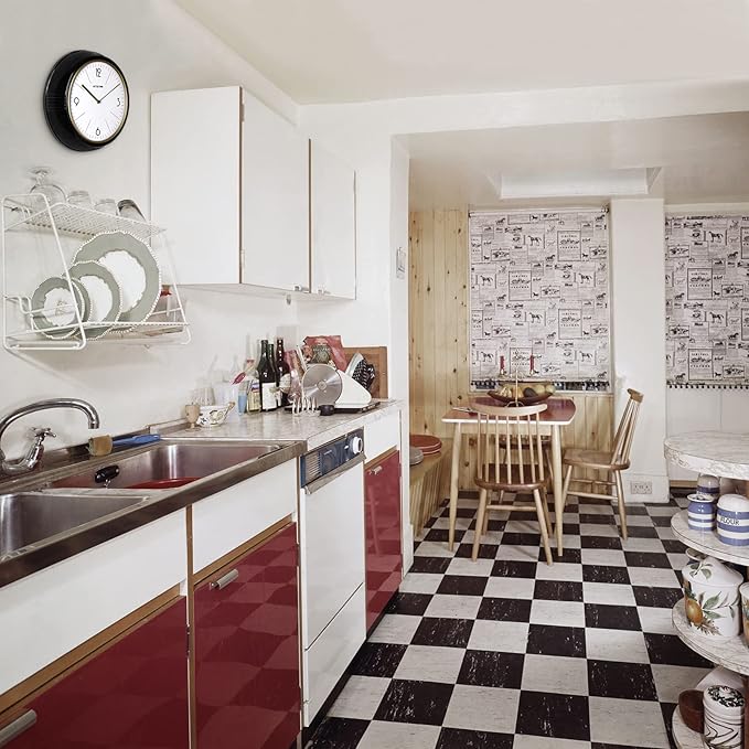 Retro Wall Clock Kitchen 50's Vintage Design Quality Quartz Battery Operated Round Silent Non Ticking for Home School Office Camper Trailer Black 9.5 inch Mid-Century Look