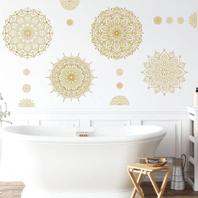Large Mandala Wall Sticker Peel and Stick Boho Lotus Flower Wall Stickers Decor Mandala Floral Window Decals Clings Headboard Gold Mandala Wall Art Decal for Bedroom Living Room Yoga Decoration