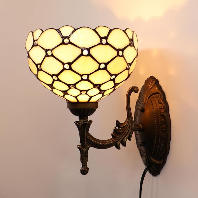 Tiffany Sconce Lamp Stained Glass Wall Lamp,8X10.5X11 Inch Plug in Wall Bedside Light for Hallway Bedroom (Cream Bead)
