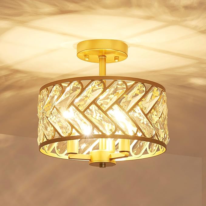 Shrine Lighting Crystal Ceiling Light, Gold Crystal Chandelier for Living Room, D12.4'' x H11.2'', E12*3 Sockets, Ctystal Lampshade & Gold Finish Frame