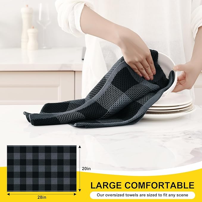 Homaxy 100% Cotton Waffle Weave Check Plaid Kitchen Towels, 20 x 28 Inches, Super Soft and Absorbent Dish Towels for Drying Dishes, 4-Pack, Black & Grey