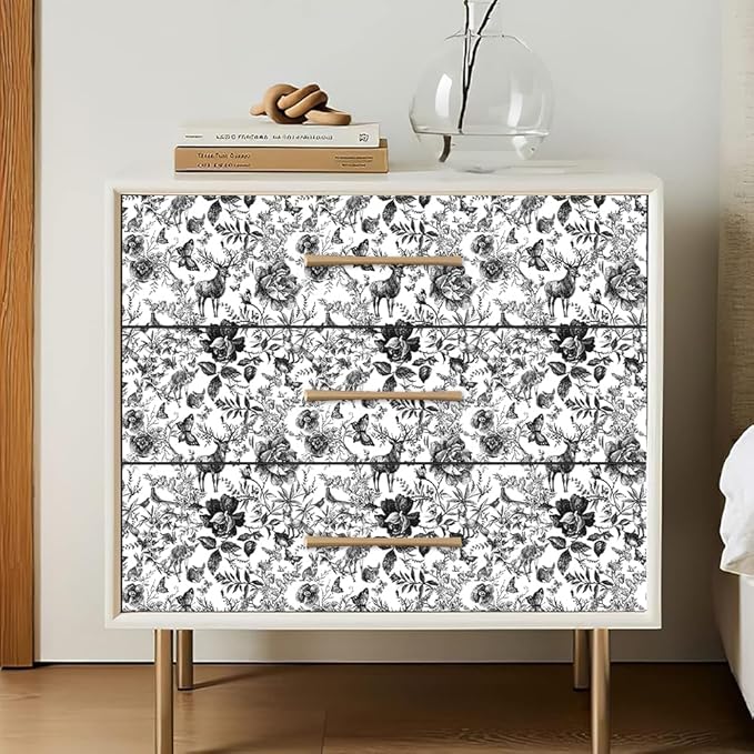 Black and White Peel and Stick Wallpaper Removable Floral Wallpaper Wild Animal and Floral Contact Paper Self-Adhesive Wall Paper Furniture Wall Shelf Drawer Liner Countertop 236.2"X17.71"