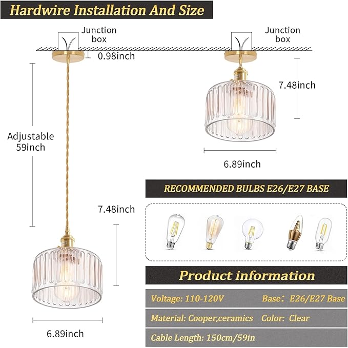 Pendant Light 2 Pack with Clear Striped Glass Lmapshade, Brass Vintage Pendant Light Adjustable Hanging Light for Kitchen Island Dining Room Hallway
