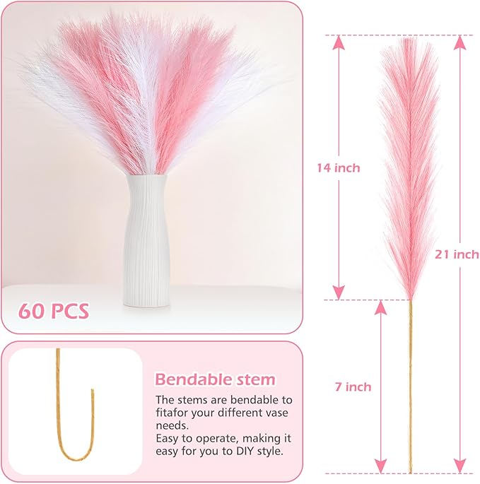 60 Pcs Pampas Grass Pink White Decor 21.7" Fluffy Faux Short Pampas Grass Artificial Small Pompas Grass Flower Vase Filler for Home Wedding Decoration