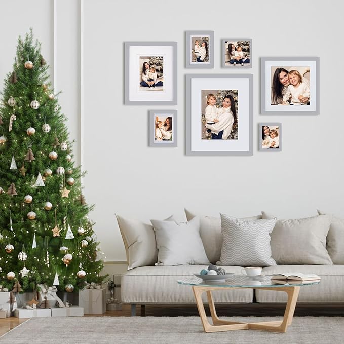 Egofine 8x8 Picture Frames 4 Pack, for Picture 4x4 with Mat or 8x8 whitout Mat Made of Solid Wood Covered by Plexiglass for Table Top Display and Wall Mounting Photo Frame, Light Gray