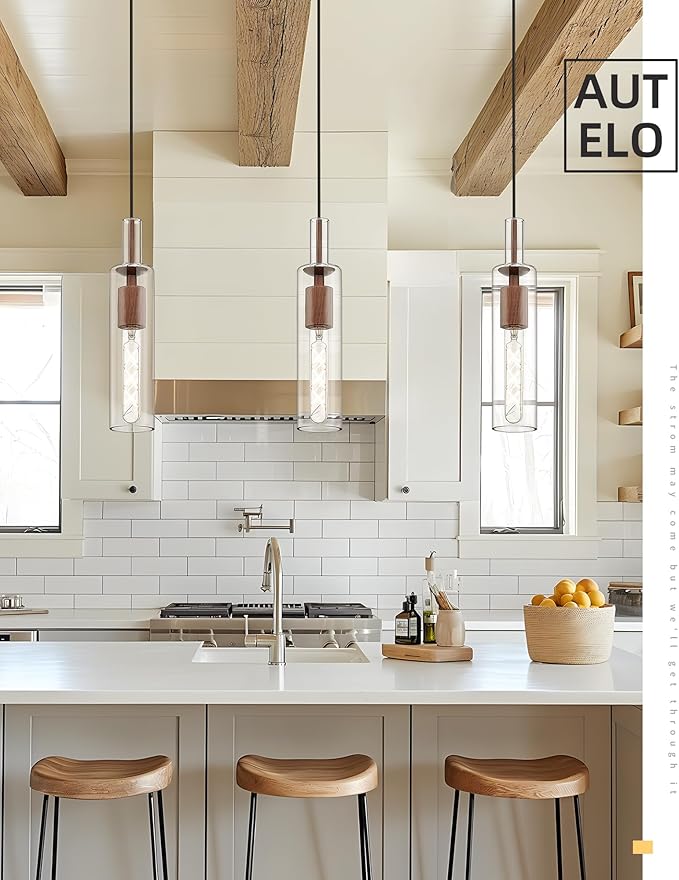 AUTELO Farmhouse Pendant Lights Kitchen Island, 1-Light Pendant Light Fixtures, Dark Wood Grain Hanging Lamp with Clear Cylinder Glass, Pendant Lighting for Kitchen Island, Dining Room, H3875 DW