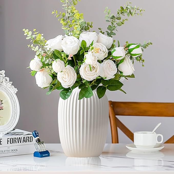 White Ceramic Vase for Modern Home Decor, Minimalistic Nordic Boho Matte Vase for Decorating Farmhouse Central Location, Perfect for Wedding Table Living Room Office Bedroom Kitchen Gift