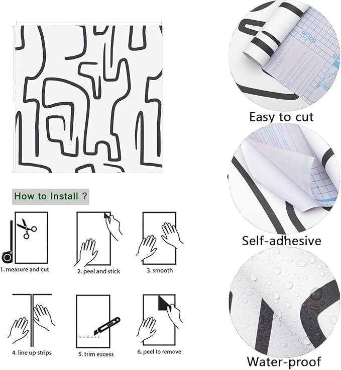 Ismoon 17.3"X393" Unique Black and White Peel and Stick Wallpaper Scribbles Wallpaper Modern Abstract Contact Paper Removable Self-Adhesive Wall Paper for Home Decoration Vinyl Film Roll