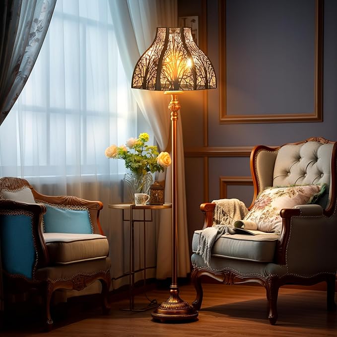 Etched Forest Large Metal Lampshade 5.32 X 13 X 9.5 Inch 8-petal Lotus Shape Fits for Floor Lamp Table Lamp for Living Room Bedroom(Outer Black Inner Gold)