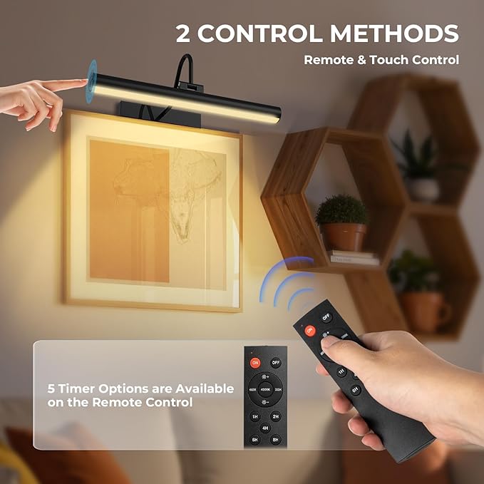 Cordless Picture Light for Wall, Battery Operated Art Light with 3CCT Dimmable, 5200mAh Battery Wall Sconce with Remote & Timer, 13in LED for Paintings, Gallery Artwrok, Picture Display - Black