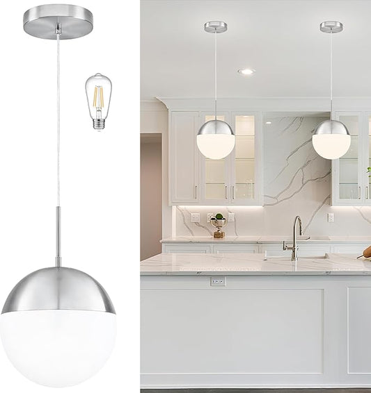 10 Inch Nickel Mid Century Modern Pendant Light Pendants for Kitchen Island Frosted Milky White Glass Globe Height-Adjustable Modern Hanging Globe Pendant Light for Bedroom (Bulb Incl)