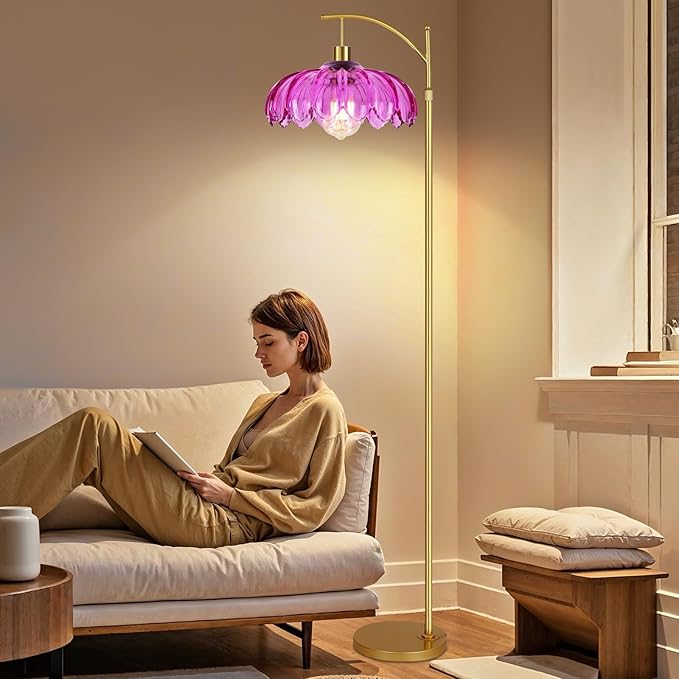 Vintage Floor Lamps for Living Room Arc Floor Lamp with Remote Control & Glass Lampshade,Mid Century Modern Standing Lamp Gold Tall Flower Lamp for Bedroom Living Room Corner