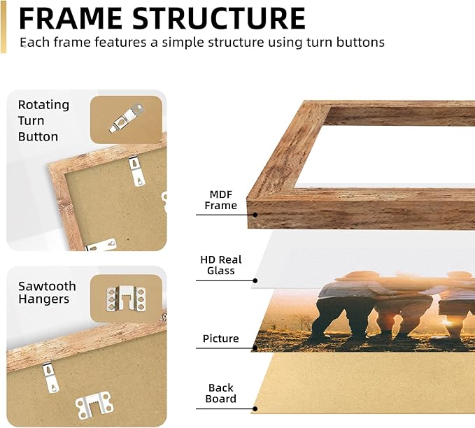 Collage Picture Frames Set of 10, Wall Decor for Mounting or Tabletop Display, Family Photo Gallery Frame Set - Multi Sizes Including Two 8x10, Four 5x7, Four 4x6, HD Glass, Rustic Wood