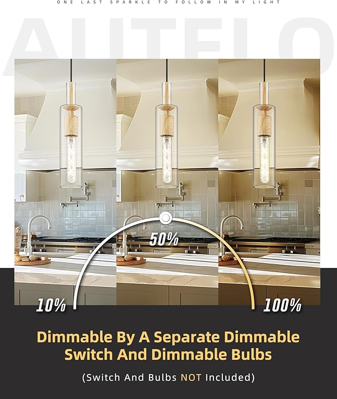 AUTELO 1-Light Pendant Lights - Vintage Pendant Lights Kitchen Island, Light Wood Grain Hanging Light with Clear Cylinder Glass, Pendant Light Fixtures for Kitchen Island Dining Room Bathroom H3875 LW