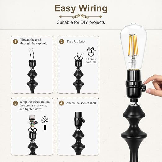 DiCUNO UL Listed Full Range Dimmer Lamp Socket Replacement, Vintage E26 Light Bulb Socket, Rotating Dimmer Switch Knob for Table, Floor Lamp, DIY Project, Black, 60 Watt, 2-Pack