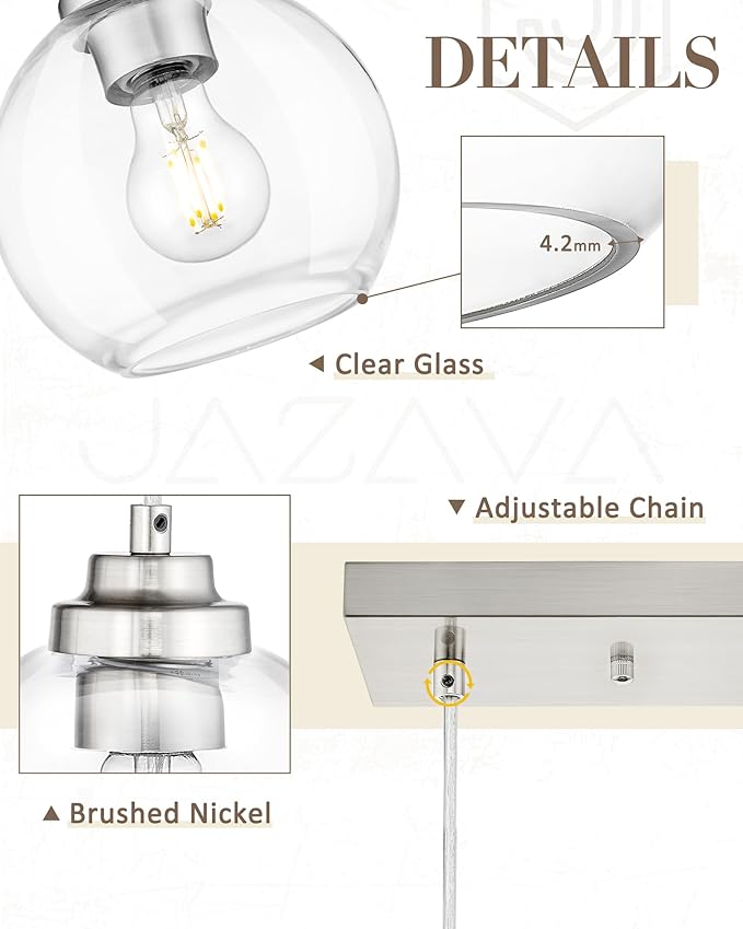 3-Light Globe Island Light, Linear Chandelier with Brushed Nickel Finish, Clear Glass Pendant Light Fixture for Dining Room Kitchen Island Living Room Pool Table, ZCPL101BN-3S