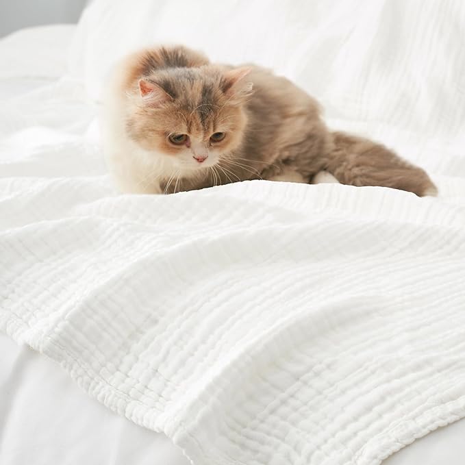 Carriediosa 100% Cotton Muslin Throw Blanket 66" X 90" Twin XL Size，4-Layers Summer Gauze Throws for Bed Couch，Soft Lightweight Breathable Linen Blankets Bedspread for Adults All Season，White