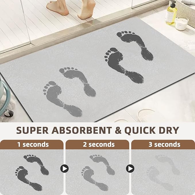Diatomaceous earth bath mat Bathroom Rugs Sets 3 Piece Super Absorbent Quick Dry Bath Mats, Rubber Non Slip Shower Mat and Toilet Mat U Shape, Shower Rug for in Front of Bathtub Shower, Grey