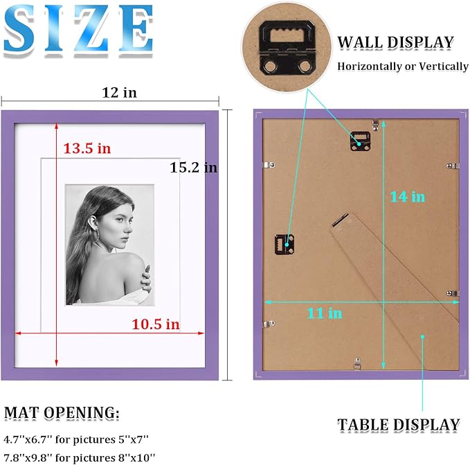 Egofine 11x14 Picture Frames 4PCS Covered by Plexiglass, Made of Solid Wood, Display Pictures 8x10/5x7 with Mat or 11x14 Without Mat for Table Top and Wall Mounting, Purple