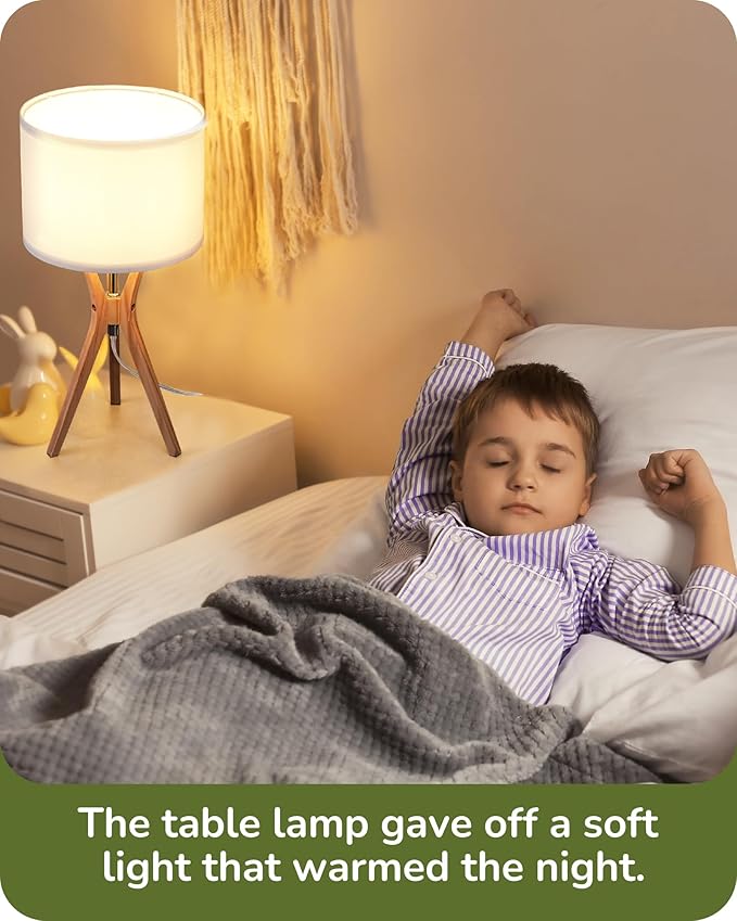 EDISHINE Modern Tripod Table Lamp, 17.5" Bedside Lamp with Natural Wood Light Legs & White Linen Lampshade, Nightstand Lamp for Bedroom, Living Room, Reading Room, E26 Base