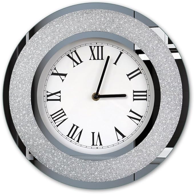 DMDFIRST Bling Silver Round Mirror Clock 12inch. Glam Sparkle Twinkle Shining Mirrored Wall Clock for Wall Decoration Silver Glass Mirror Home Decor. AA Battery is not Included.