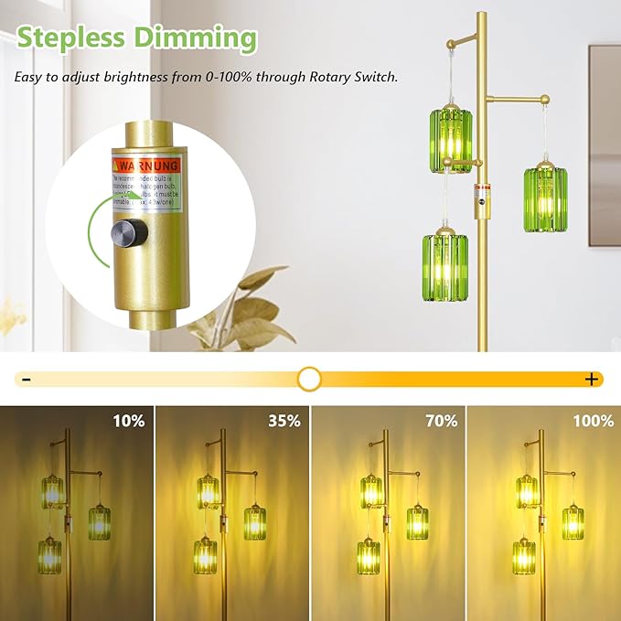 Gold Floor Lamp for Living Room with Green Crystal Shades, 3 Lights Modern Boho Tree Standing Lamp Dimmable, Dimmer Switch, 65IN Vintage Brass Tall Floor Lamps for Bedroom Office Reading Corner