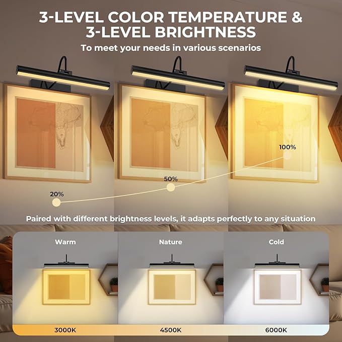 Cordless Picture Light for Wall, Battery Operated Art Light with 3CCT Dimmable, 5200mAh Battery Wall Sconce with Remote & Timer, 13in LED for Paintings, Gallery Artwrok, Picture Display - Black