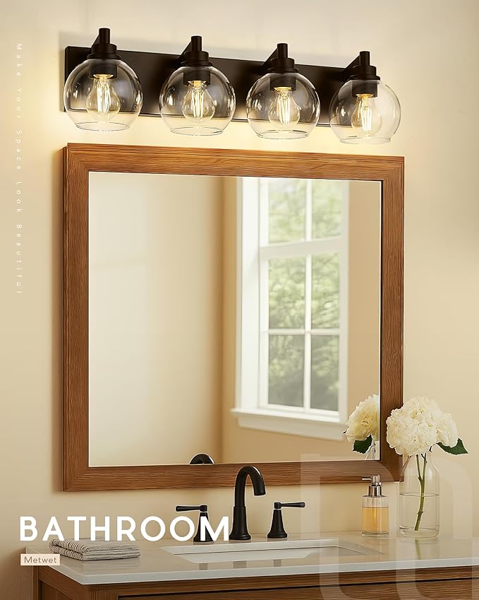 Bathroom Light Fixtures Over Mirror, 4-Light Oil Rubbed Bronze Bathroom Vanity Light with Globe Clear Glass Shade, 26 Inch Modern Sconces Wall Lighting, VL195-ORB-4