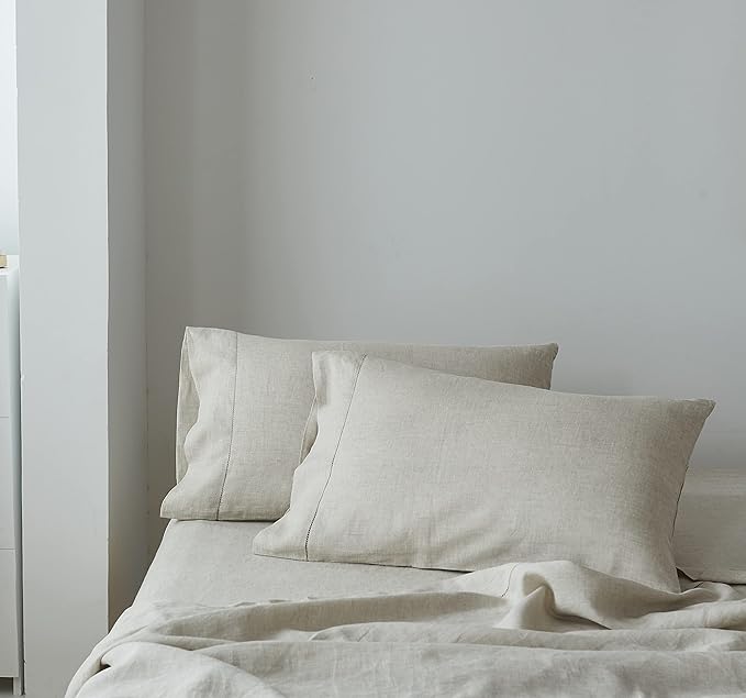 Simple&Opulence 100% Linen Pillowcase with Hand Drawing Hemstitch Pillow Cover King Size Set of 2 Soft and Durable (Linen, 20''x40'')