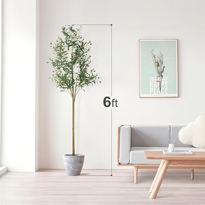 WILDLOVE Fake Olive Tree Artificial Indoor, Potted Faux Olive Trees with Natural Wood Trunk & Lifelike Fruits for Home Office Decor (6ft)