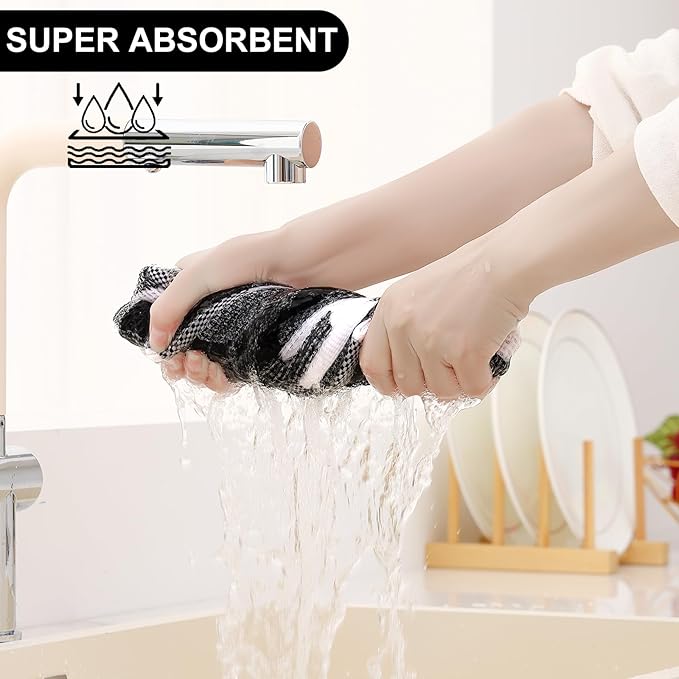 Homaxy 100% Cotton Waffle Weave Check Plaid Kitchen Towels, 20 x 28 Inches, Super Soft and Absorbent Dish Towels for Drying Dishes, 4-Pack, White & Black