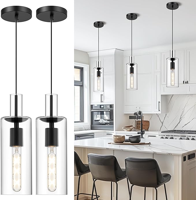 AUTELO 2 Pack Pendant Lights Kitchen Island, Modern Pendant Lights in Black Metal Finish, Black Pendant Light Fixtures, Cylinder Glass Hanging Lamp, Kitchen Pendant Lighting over Island, H3875 BK-M-2P