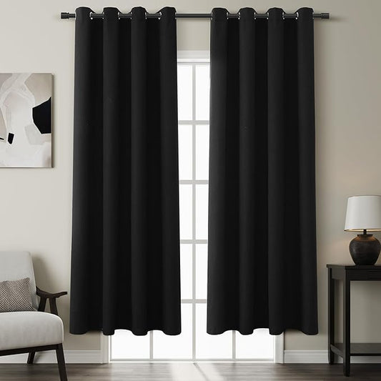 100% Blackout Linen Curtains for Bedroom Thermal Insulated Grommet Complete Blackout Drapes 72 Inch Length 2 Panels Set Heat and Full Light Blocking Living Room Darkening Curtains Black