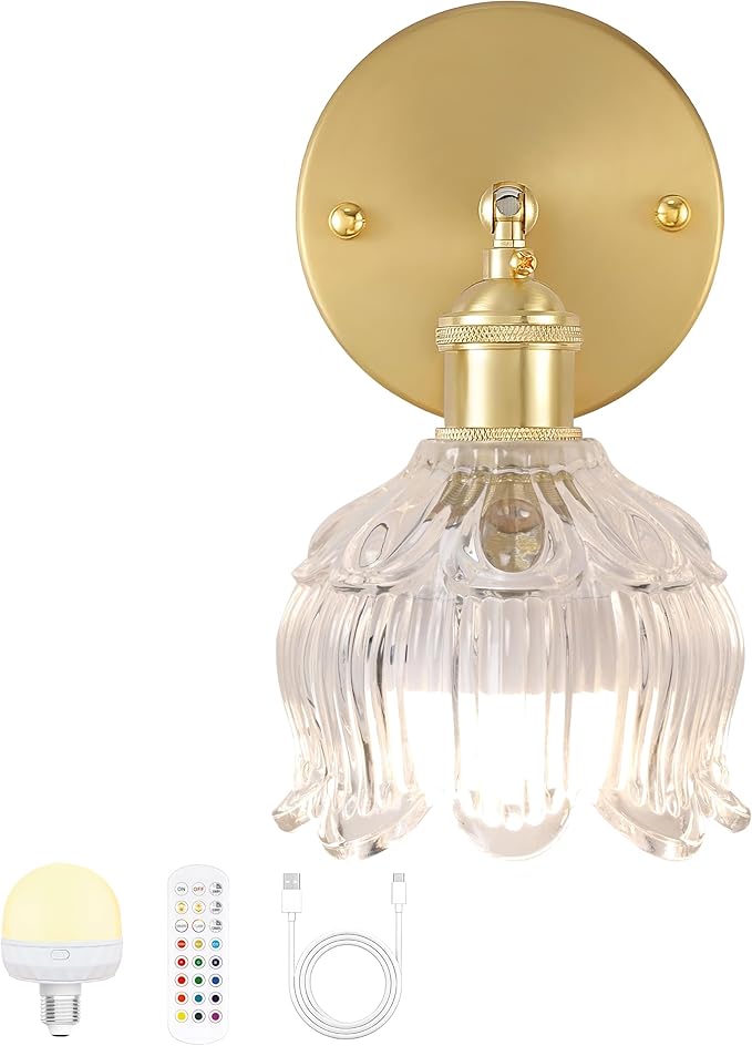Battery Operated Wall Sconce with Remote Control,Vintage Wall Lamp with Flower lampshade,Rechargeable Battery Powered Wall Lights with 15 Colors for Beside Bedroom Living Room Doorway,Flower Clear