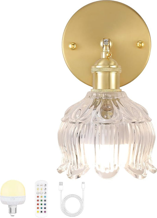Battery Operated Wall Sconce with Remote Control,Vintage Wall Lamp with Flower lampshade,Rechargeable Battery Powered Wall Lights with 15 Colors for Beside Bedroom Living Room Doorway,Flower Clear