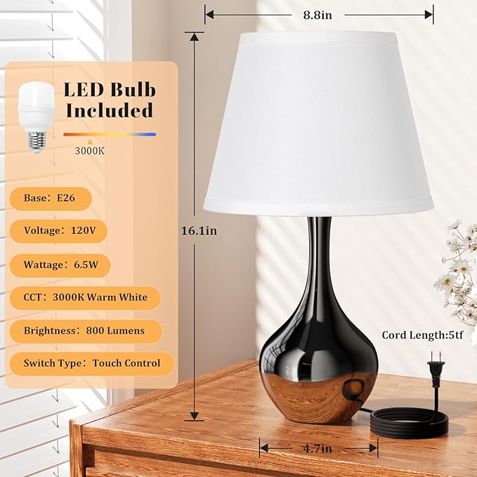 Seealle Touch Table Lamp for Bedroom, 3-Way Dimmable Small Bedside Lamps for Night Stands with Wires, Pearl-Black Desk Lamp for Kids Room, Office, Living Room, End Table(LED Bulb Included)