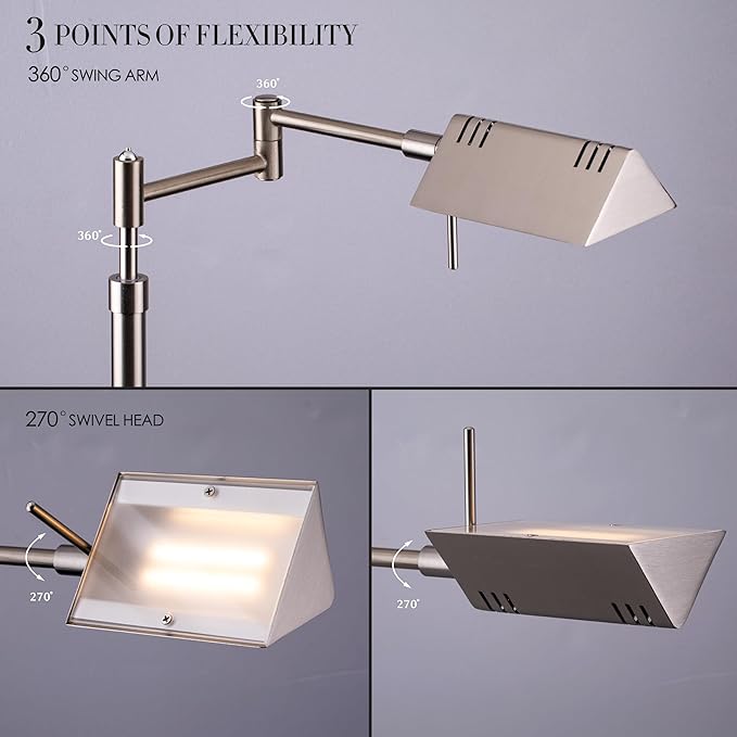 O’Bright Dimmable LED Pharmacy Floor Lamp, 12W LED, Full Range Dimming, 360 Degree Swing Arms, Adjustable Heights, Standing Lamp for Reading, Sewing, and Craft, ETL Listed, Brushed Nickel